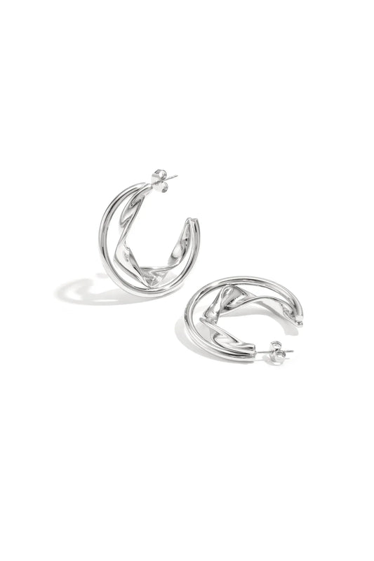 Double chunky hoop earrings with twisted detail Silver Color