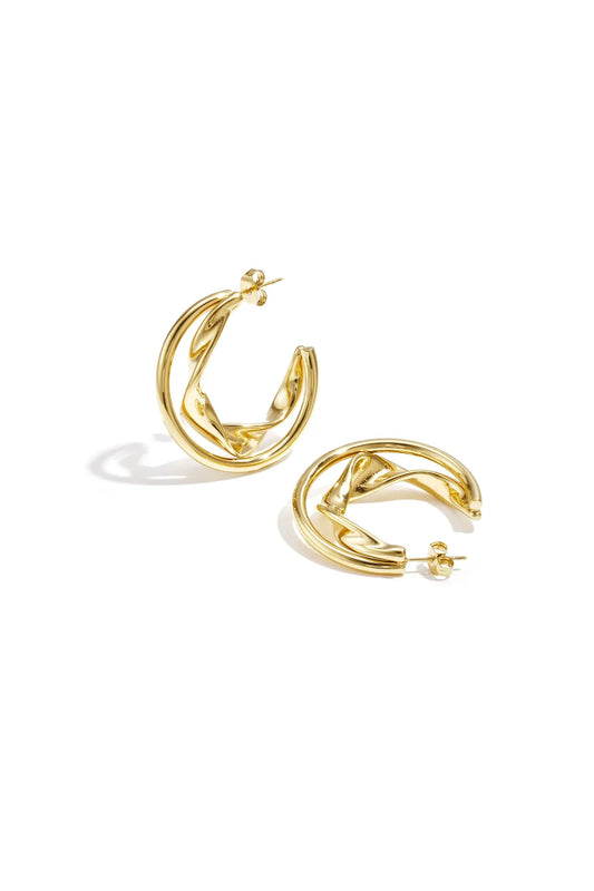 Double chunky hoop earrings with twisted detail Gold Color